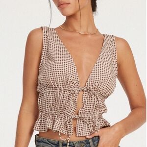 Motel Rocks Brown Gingham V-Back Peplum Camisole